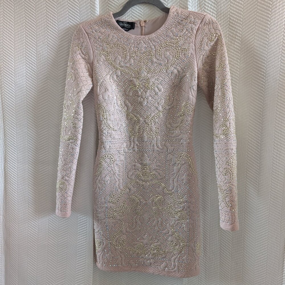 Bebe Addiction Bejeweled Bodycon Mini Dress Dusty Rose Soft Pink Long Sleeve XXS